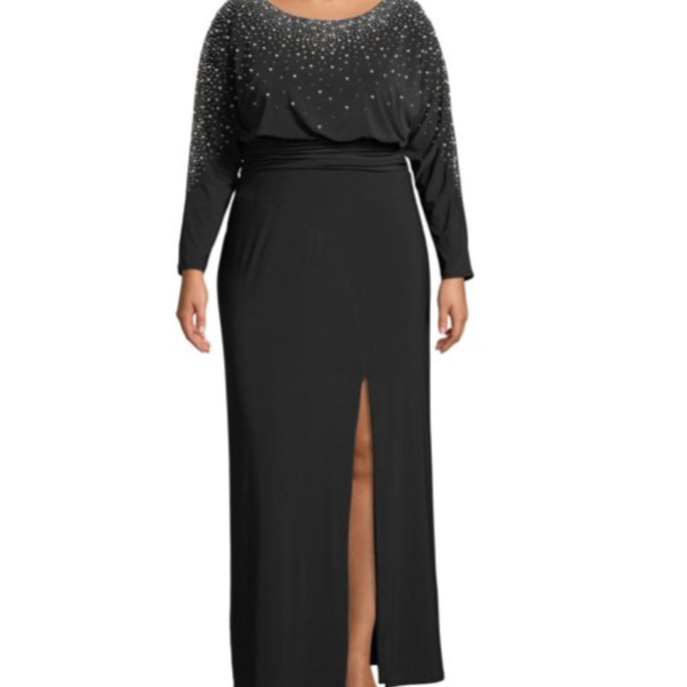 Betsy & Adam Women's Plus Embellished Long Sleeve Formal Dress Black